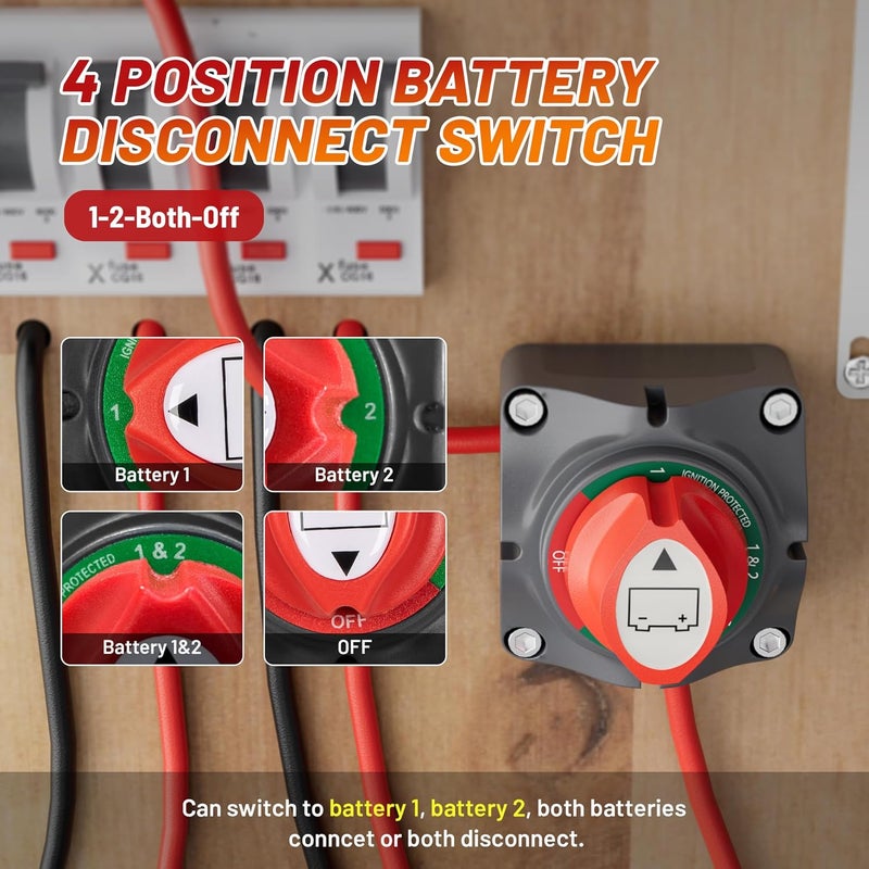 RED WOLF 1-2-Both-Off Battery Switch DC 12V-48V 200A, Heavy Duty Marine Battery Power Cut Master Switch Disconnect Isolator Ignition Protected for Automotive RV Marine Battery Kill w/M8 Stud - Image 3